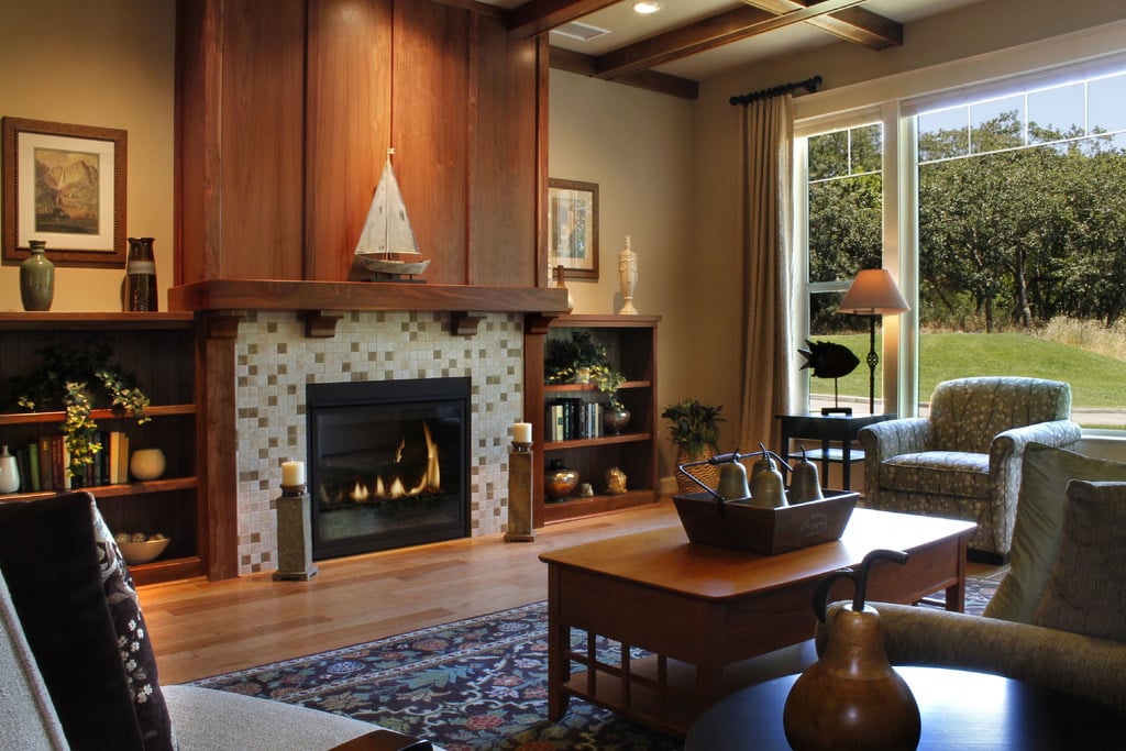 fireplace, hardwood floors, rustic room